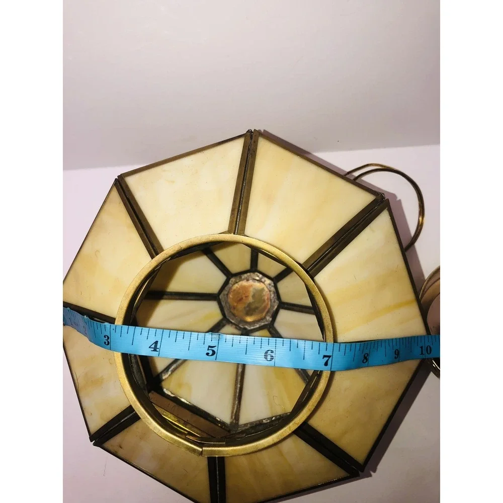 Vintage Amber Caramel Stained Glass Panels Lamp‎ Shade Ceiling Hanging Octagon